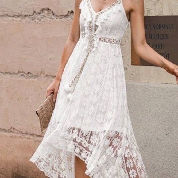 NWT $48 Cupshe Boho Lace Bohemian Flowy White Lace Midi Festival Dress Size Sm - Picture 1 of 15
